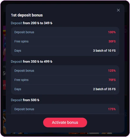 Sea Star 1st deposit bonus screenshot: tiered up to 175%